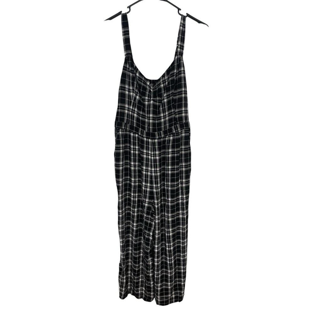 Womens Hollister Black and White Plaid Jumpsuit Pockets Large Adjustable Straps